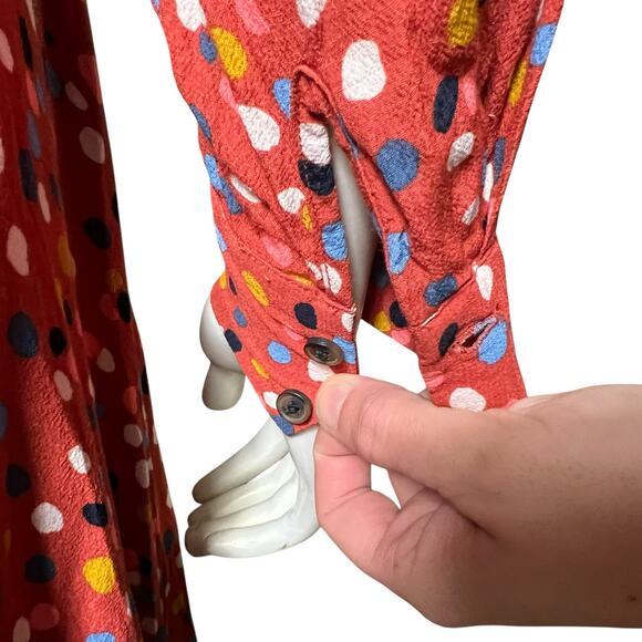 LOFT Coral Red Polka Dot Midi Dress | Colorful Button Front Belted Shirtdress - Picture 4 of 8